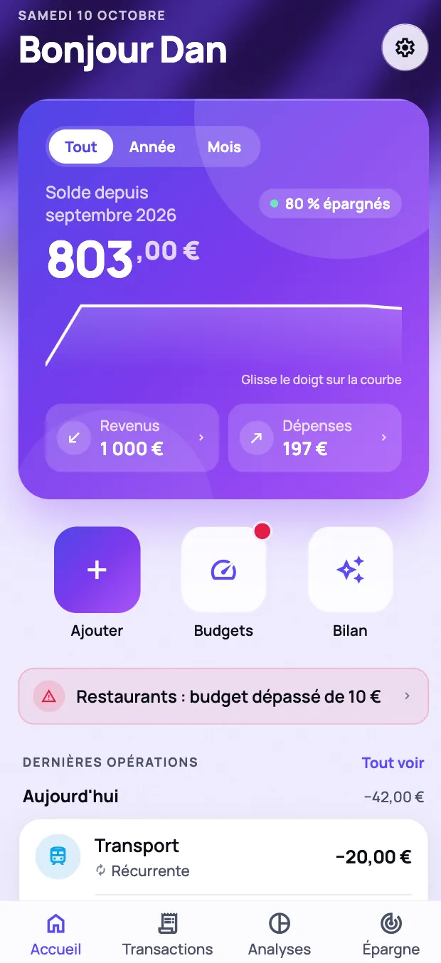 Écran d'accueil de Sencio : solde de 803 €, courbe du solde, revenus et dépenses, dernières opérations.