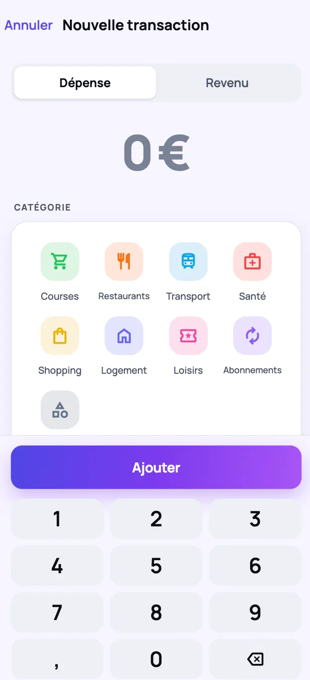 Écran « Nouvelle transaction » : grille de catégories et pavé numérique.